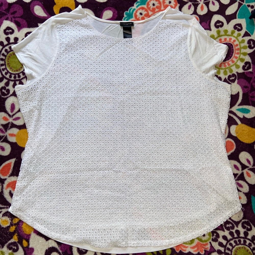 Ann Taylor Size XL White Lined Eyelet Top